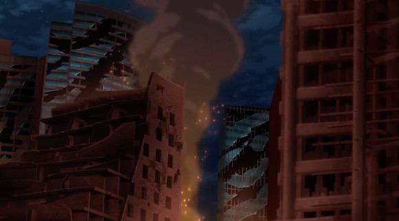 Skyline of city burning and buildings destroyed